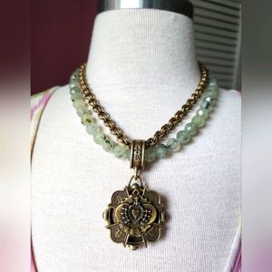 FRENCH KANDE Prehinite Double Strand Necklace w/Immaculate Heart Medallion